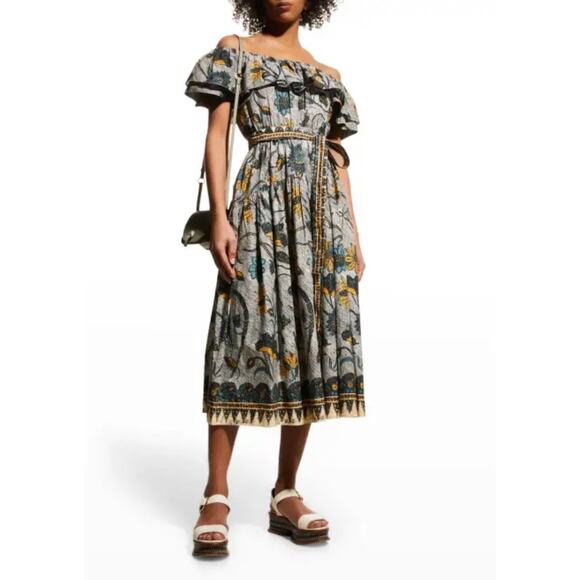 Ulla Johnson Amira Belted Midi Ruffle Dress 2 Portofino Off-The-Shoulder - Picture 5 of 13